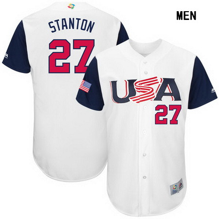 Men's USA Baseball #27 Giancarlo Stanton Majestic White 2017 World Baseball Classic Stitched Authentic Jersey
