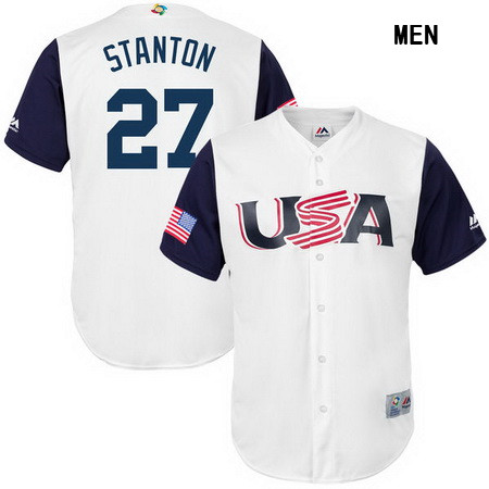 Men's USA Baseball #27 Giancarlo Stanton Majestic White 2017 World Baseball Classic Stitched Replica Jersey