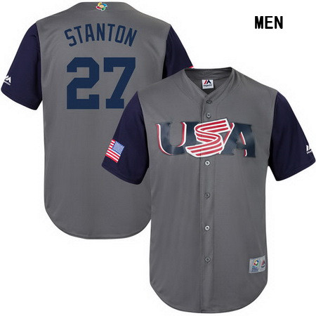 Men's USA Baseball #27 Giancarlo Stanton Majestic Gray 2017 World Baseball Classic Stitched Replica Jersey