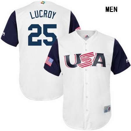 Men's USA Baseball #25 Jonathan Lucroy Majestic White 2017 World Baseball Classic Stitched Replica Jersey