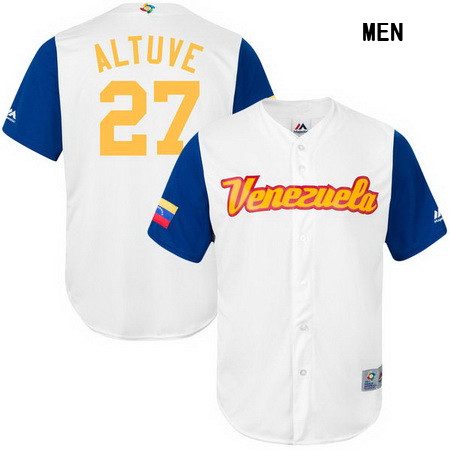 Men's Venezuela Baseball #27 Jose Altuve Majestic White 2017 World Baseball Classic Stitched Replica Jersey