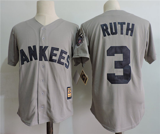 Men's New York Yankees #3 Babe Ruth Gray 75TH Patch Cooperstown Collection Player Jersey