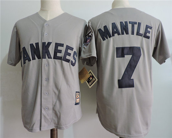 Men's New York Yankees #7 Mickey Mantle Gray 75TH Patch Thrwoback Baseball Jersey