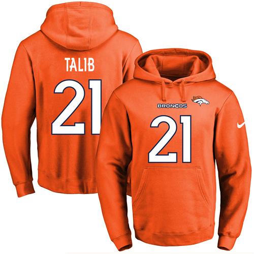 Nike Broncos 21 Aqib Talib Orange Men's Pullover Hoodie