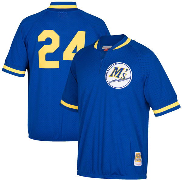 Men's Seattle Mariners #24 Ken Griffey Jr. Mitchell & Ness Royal Cooperstown Collection Mesh Batting Practice Quarter-Zip Jersey