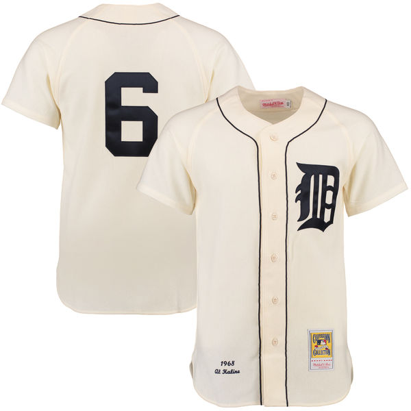 Mens Detroit Tigers #6 Al Kaline 1968 Cream Mitchell & Ness Throwback Jersey