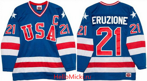 Men's 1980 Olympics USA #21 Mike Eruzione Royal Blue Throwback Stitched Vintage Ice Hockey Jersey