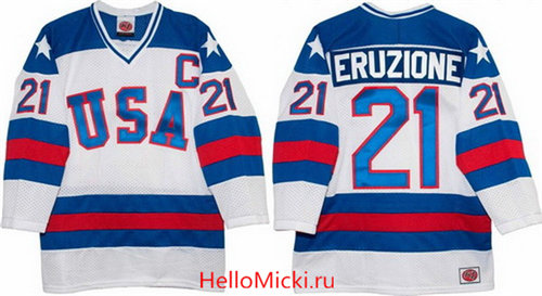 Men's 1980 Olympics USA #21 Mike Eruzione White Throwback Stitched Vintage Ice Hockey Jersey
