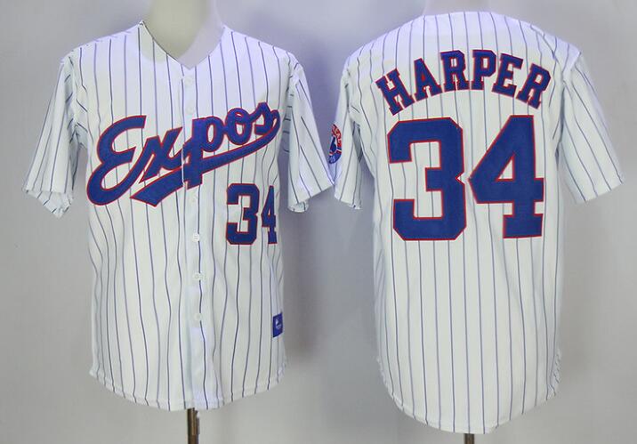 Men's Montreal Expos #34 Bryce Harper White Pinstripe Throwback Jersey