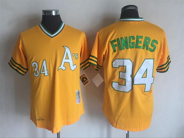 Men's Oakland Athletics #34 Rollie Fingers 1972 Mitchell & Ness Yellow Pullover Cooperstown Throwback Baseball Jersey size S-3XL