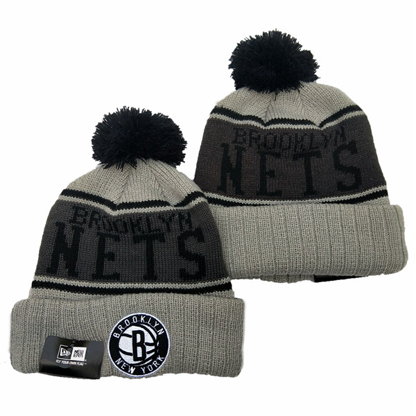Brooklyn Nets embroidered Black Grey Cuffed Pom Knit Hat  