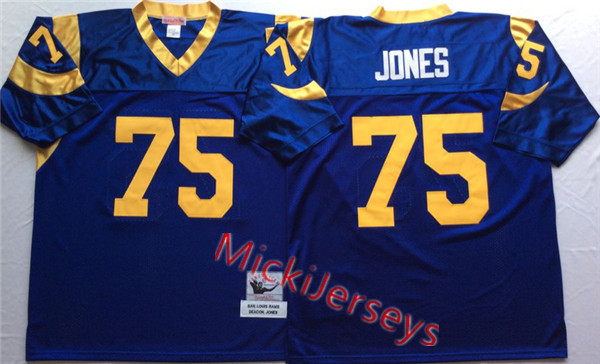 Mens St. Louis Rams #75 Deacon Jones Royal Mitchell & Ness Throwback Vintage Football Jersey