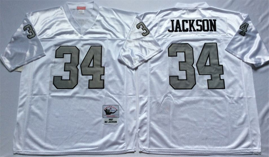 Men's Oakland Raiders #34 Bo Jackson White With Silver Throwback Jersey