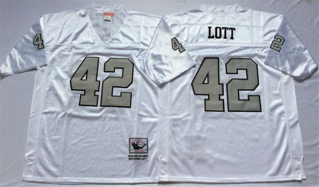 Men's Oakland Raiders #42 Ronnie Lott White With Silver Throwback Jersey