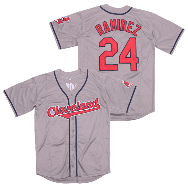 Men's Cleveland Indians Retired Player #24 Manny Ramirez Grey Throwback Jersey