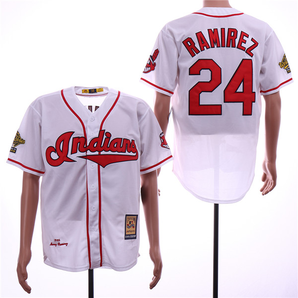 Men's Cleveland Indians Retired Player #24 Manny Ramirez White Throwback Jersey