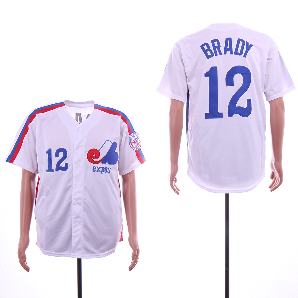 Men's Montreal Expos #12 Tom Brady White Throwback Baseball Jersey