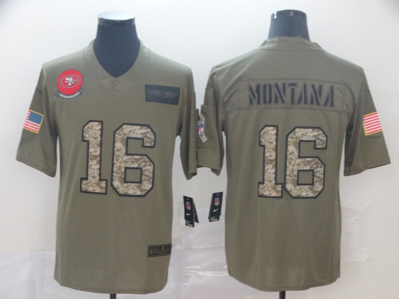 Men's San Francisco 49ers #16 Joe Montana 2019 Olive Camo Salute to Service Limited Jersey 