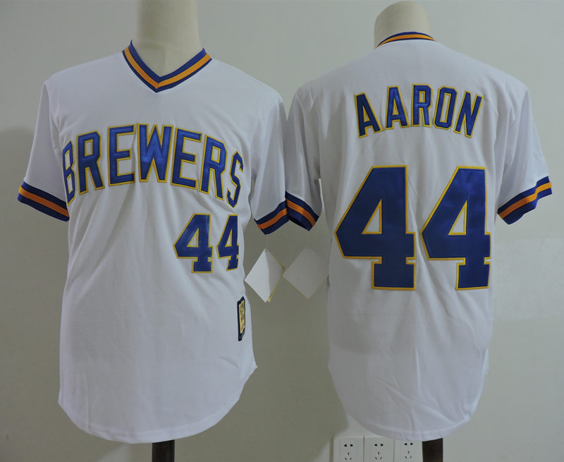 Mens Milwaukee Brewers #44 Hank Aaron 1975 White Pullover  Cooperstown Throwback Jersey