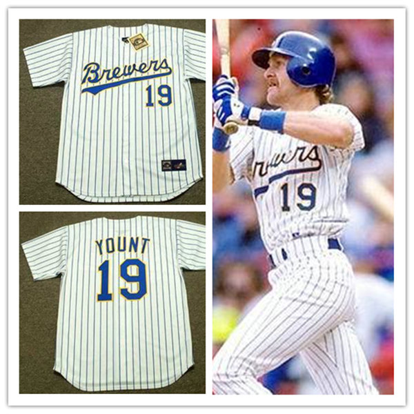 Mens Milwaukee Brewers #19 Robin Yount 1993 Majestic Cooperstown Home Jersey