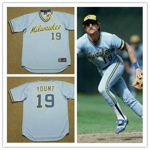 Mens Milwaukee Brewers #19 Robin Yount 1984 Majestic Cooperstown Throwback Away Jersey