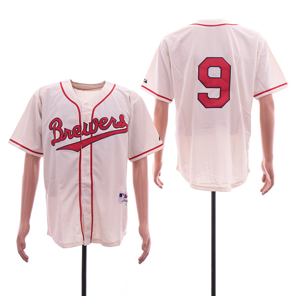 Mens Milwaukee Brewers #9 Cream Throwback Jersey