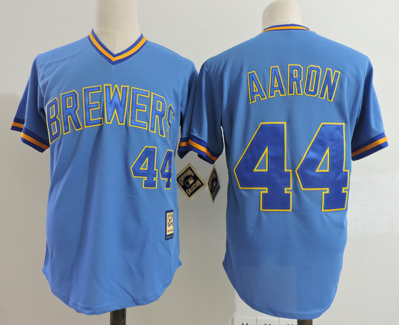 Mens Milwaukee Brewers #44 Hank Aaron Royal Pullover Cooperstown Throwback Jersey