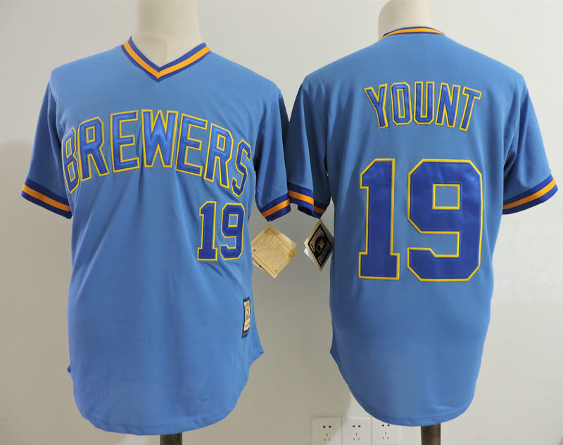 Mens Milwaukee Brewers #19 Robin Yount  Royal Pullover Throwback Jersey