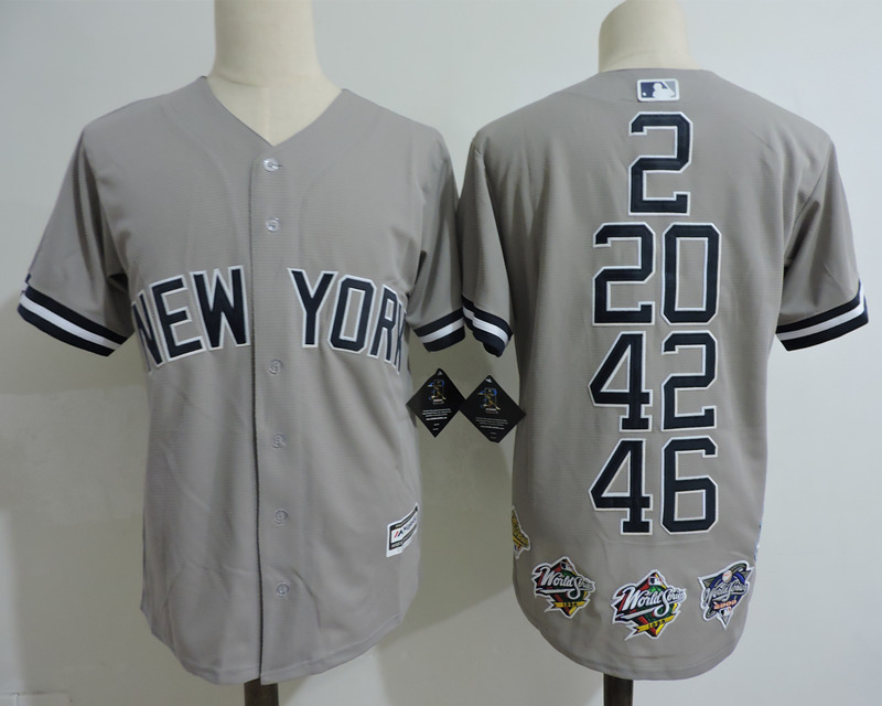Mens New York Yankees #2 Derek Jeter #20 JORGE POSADA #42 Mariano Rivera #46 ANDY PETTITTE Grey Cooperstown Commemorate Jersey with 5 World Series Champions Patch