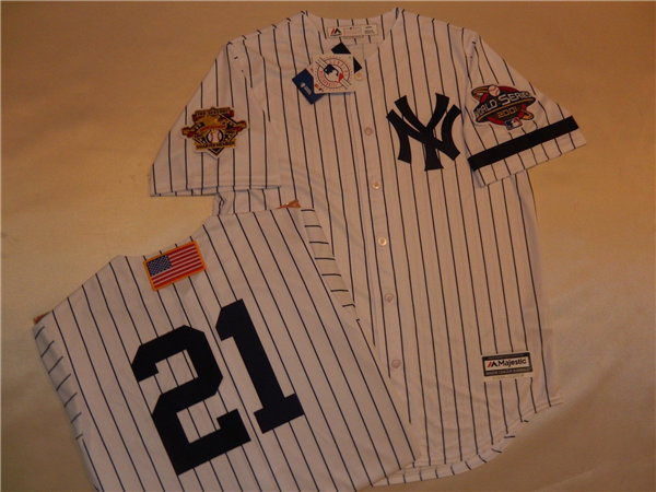 Mens New York Yankees #21 PAUL O'NEILL White Pinstripe Majestic Cooperstown 2001 World Series GAME Baseball Jersey 
 