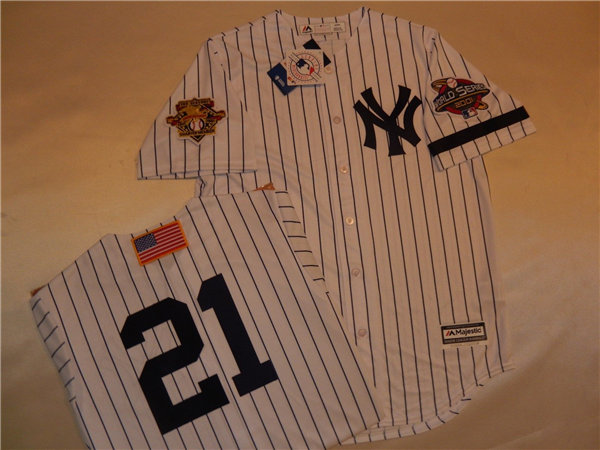 Mens New York Yankees #21 PAUL O'NEILL White Pinstripe Majestic Cooperstown 2001 World Series GAME Baseball Jersey 
 