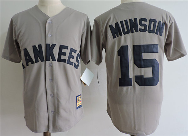 Mens New York Yankees #15 Thurman Munson Grey Throwback Baseball Jersey