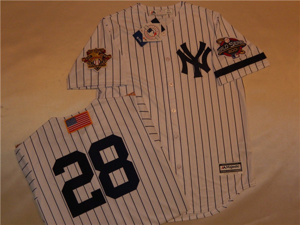 Mens New York Yankees #28 DAVID JUSTICE White Pinstripe Majestic Cooperstown 2001 World Series GAME Baseball Jersey