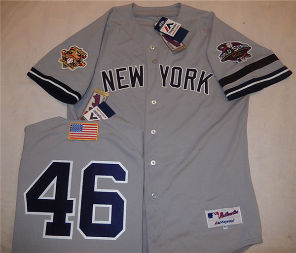 Mens New York Yankees #46 ANDY PETTITTE Gray Majestic Cooperstown 2001 World Series GAME Baseball Jersey