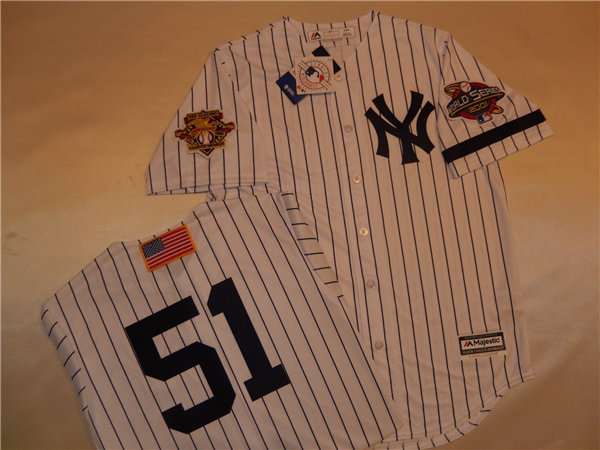 Mens New York Yankees #51 BERNIE WILLIAMS White Pinstripe Majestic Cooperstown 2001 World Series GAME Baseball Jersey