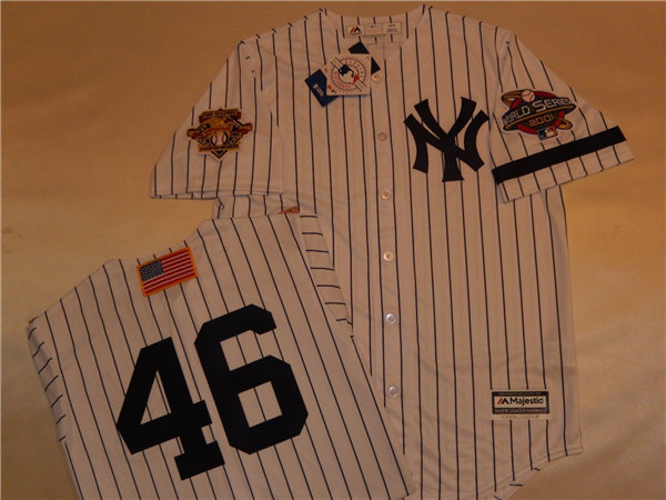 Mens New York Yankees #46 ANDY PETTITTE White Pinstripe Majestic Cooperstown 2001 World Series GAME Baseball Jersey