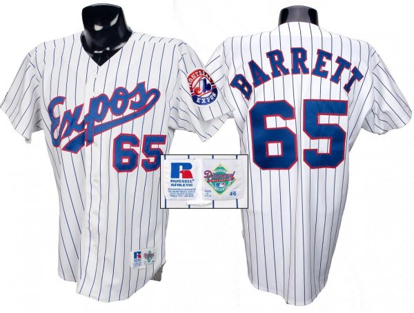 Men's Montreal Expos #65 Micheal Barrett White Pinstripe Majestic Cooperstown Throwback Home Baseball Jersey