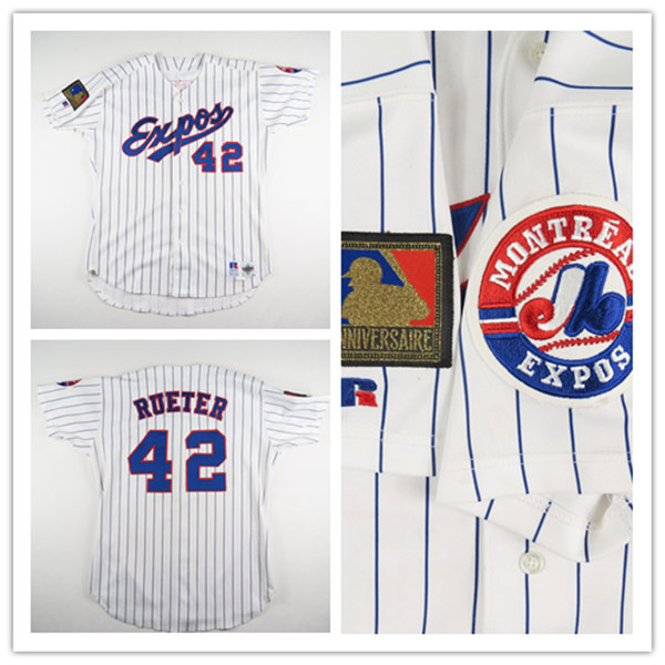Men's Montreal Expos #42 Kirk Rueter 1994 White Pinstripe Majestic Cooperstown Throwback Home Baseball Jersey