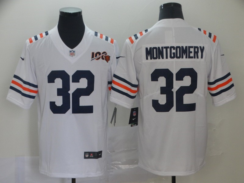Men's Chicago Bears #32 David Montgomery Nike White 100th Season Alternate Classic Limited Jersey