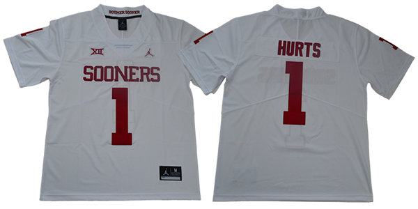 Men's Oklahoma Sooners #1 Jalen Hurts Jordan White Game Football Jersey