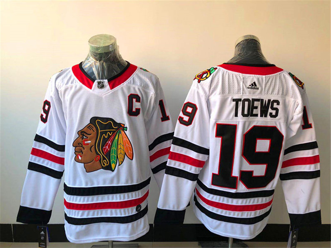 Mens Chicago Blackhawks #19 Jonathan Toews Adidas Away White Jersey