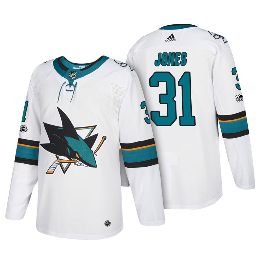 Mens San Jose Sharks #31 Martin Jones adidas Away White Jersey