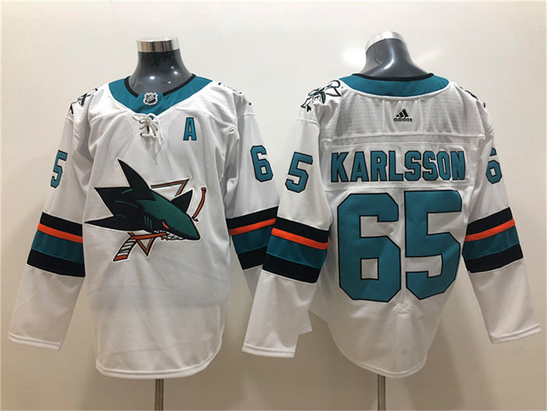 Mens San Jose Sharks #65 Erik Karlsson  adidas Away White Jersey