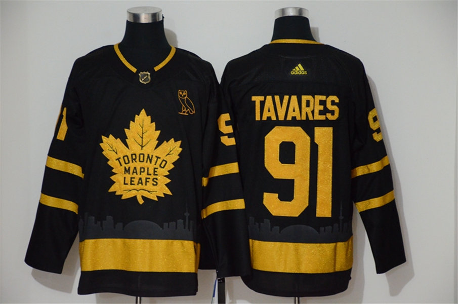 Mens Toronto Maple Leafs #91 John Tavares adidas Black Golden Edtion Jersey 