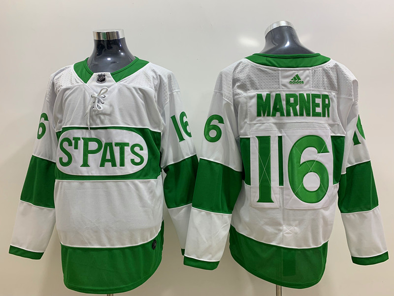 Mens Toronto Maple Leafs #16 Mitchell Marner St. Patrick's Day White Player Jersey