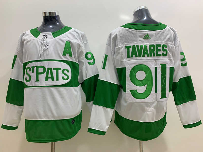 Mens Toronto Maple Leafs #91 John Tavares St. Patrick's Day White Player Jersey