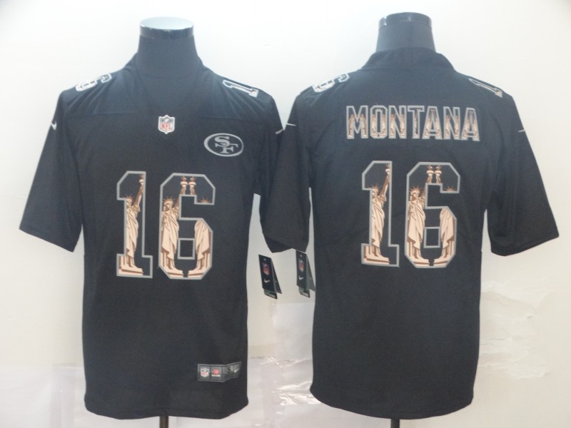 Men's San Francisco 49ers #16 Joe Montana Black Nike Statue Of Liberty Legend Jersey