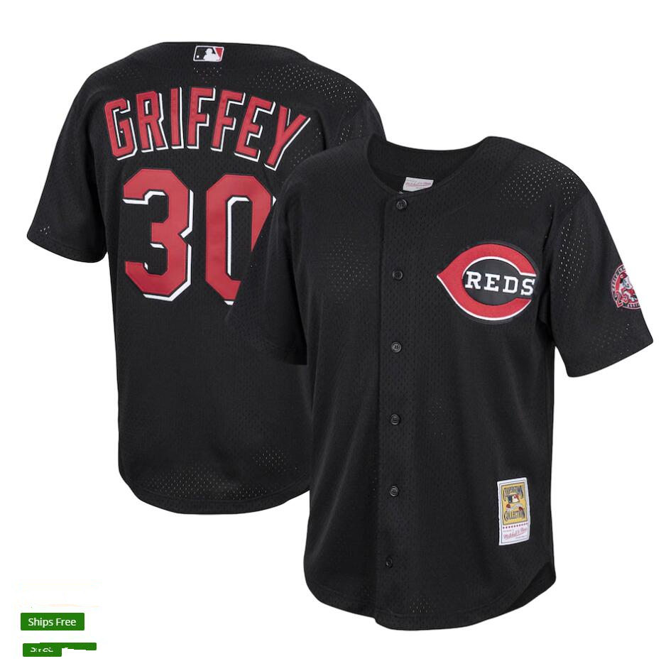 Mens Cincinnati Reds Retired Player #30 Ken Griffey Jr. Mitchell & Ness 2000 Black Throwback Jersey