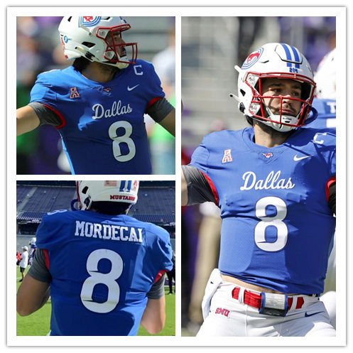 Mens SMU Mustangs #8 Tanner Mordecai Nike 2021 Blue Dallas Football Game Jersey