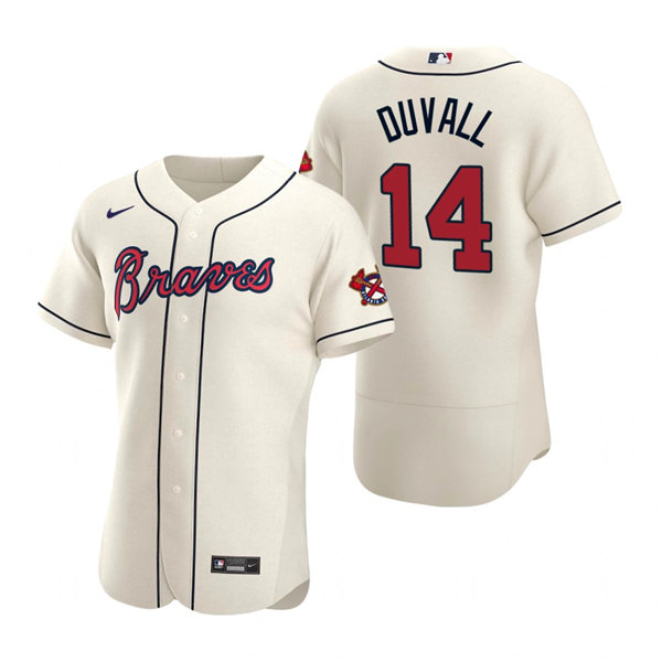 Mens Atlanta Braves #14 Adam Duvall Nike Cream Alternate Flex Base Jersey 